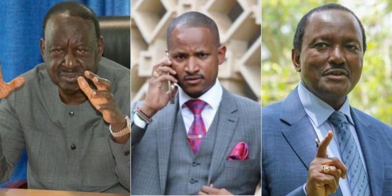 A collage of ODM leader Raila Odinga, Embakasi East MP Babu Owino and Wiper Leader Kalonzo Musyoka.